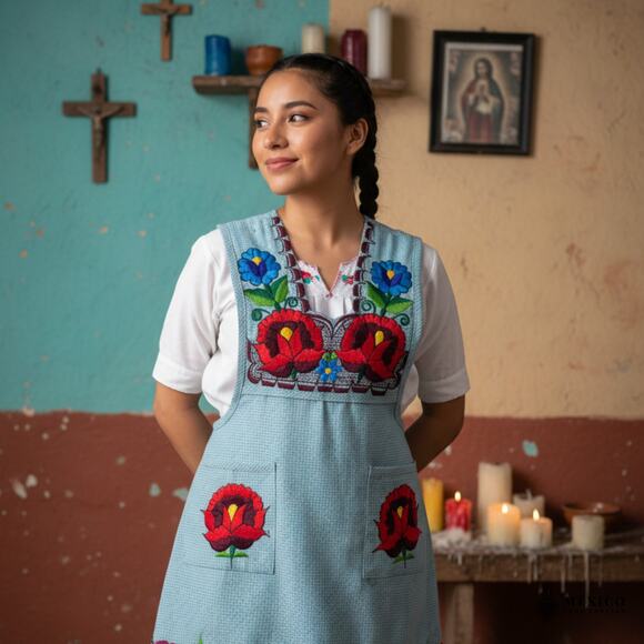 Greens Mexican Embroidered Apron – Basic Handmade Apron with Floral Design - Picture 8 of 13